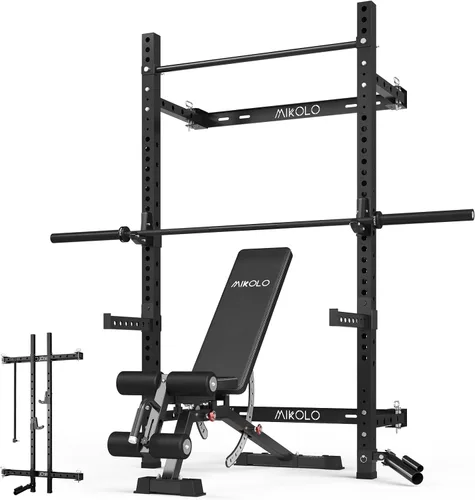 Mikolo - Estante plegable para sentadillas de 2" x 2" montado en la pared, soporte de alta resistencia de 1000 libras con barra para dominadas,