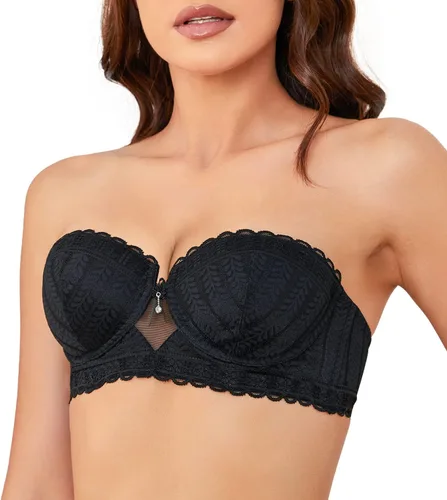 Wingslove Sujetador sin tirantes para mujer, sexy, con encaje, con varillas, ligeramente forrado, acolchado, brasier balconette de alfombra roja