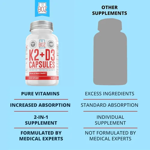 Vista 3 de Dr. Boz Cápsulas K2+D3 [66 unidades] con Bioperine® para una mejor absorción - Suplemento de vitamina D - Suplemento de vitamina K (MK-7) - Apoya