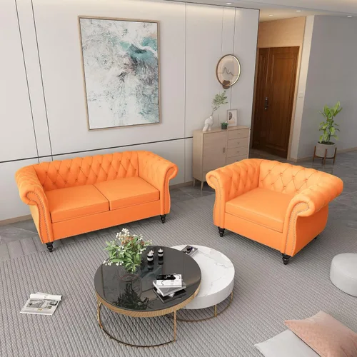 Vista 39 de Juego de 2 piezas para sala de estar, sofá Chesterfield de cuero con reposabrazos enrollados y tachuelas para sala de estar, oficina (negro)