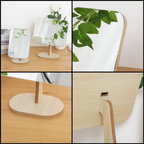 Vista 4 de LONGSHENG - SINCE 2001 - Espejo de maquillaje de tocador para escritorio con soporte de madera, rotación de 90° de una sola cara, espejo de mesa