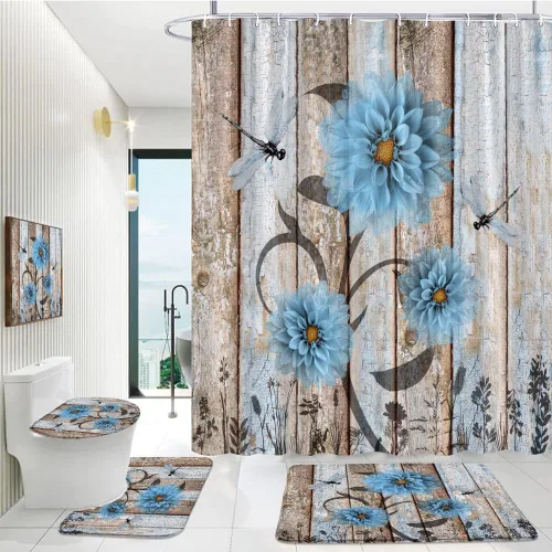 4Pcs Rustic Wooden Blue Dahlia Floral Flower Dragonfly Shower Curtain Set with Bath Mat Barnwood Old Garage Door American Country Farmhouse Decor
