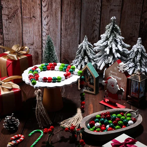 Vista 4 de Jetec 160 cuentas de madera coloridas de Navidad para manualidades de 0.632 pulgadas (0.630 in), rústicas, naturales, redondas, de madera pulida
