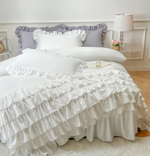 Vista 10 de MOOWOO Ropa de cama para niñas – Funda de edredón con volantes en cascada – 2 piezas Shabby Chic Color sólido suave y transpirable con cierre de Rosa
