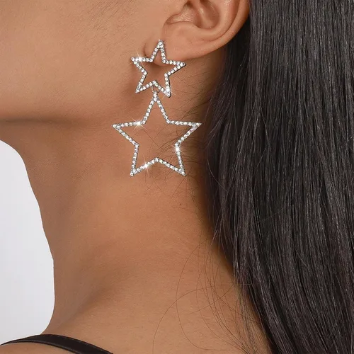 Vista 3 de Juego de collar y aretes de estrella dorada y plata para mujer, 3 piezas de collar de estrella pulida e hipoalergénico de cristal dorado con borlas
