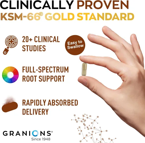 Vista 4 de Granions KSM66 Ashwagandha Supplements - 1,050 mg, 5% Withanolides, píldoras de extracto de raíz KSM-66 clínicamente estudiadas - Soporte vegano