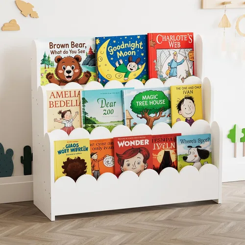 Vista 8 de SpaceAid - Estantería de 3 niveles con forma de escalope, estantería Montessori para niños pequeños, estantería de madera para organizar libros
