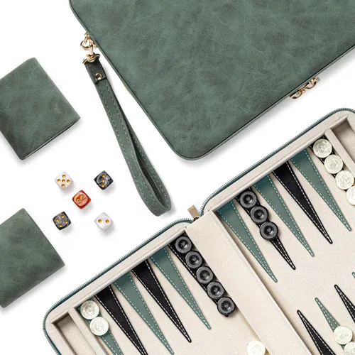 Vista 13 de Juegos de backgammon Lingle para adultos, juego de mesa clásico con estuche plegable de cuero sintético para backgammon, juego de backgammon Negro