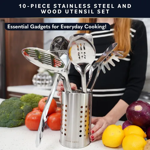 Vista 2 de Home Hero Juego de utensilios de cocina de acero inoxidable – Juego de utensilios de cocina de acero inoxidable antiadherente con mango de madera