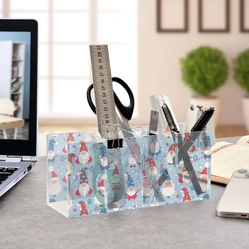 Vista 4 de CHIFIGNO Cute Blue and Red Gnomes Acrylic Pen Holder 4 Compartments Pencil Pen Holder for Desk Hair Brush Holder Decorative Desktop Organizer for