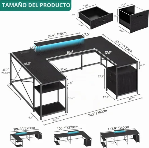Vista 2 de YITAHOME U Shaped Desk with Power Outlets & LED Lights Negro