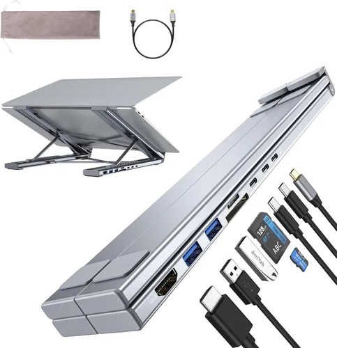 Soporte de estación de acoplamiento para laptop, 8 en 1 USB C Hub HDMI portátil con puertos USB, adaptador multipuerto USB C, estación de