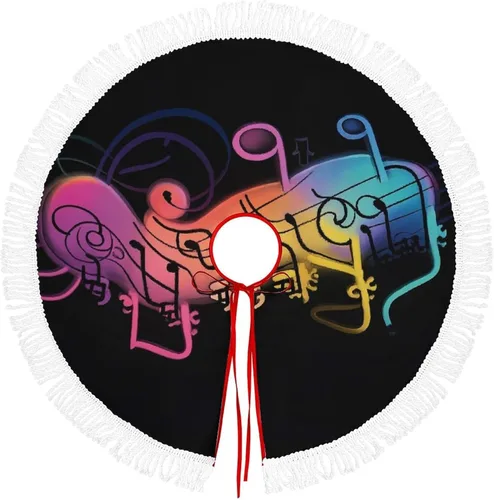 Rainbow Musical Note Melody Christmas Tree Skirt Double Sided Waterproof Winter Xmas Tree Mat Decor Retro Xmas Tree Skirt with Tassels for New Year