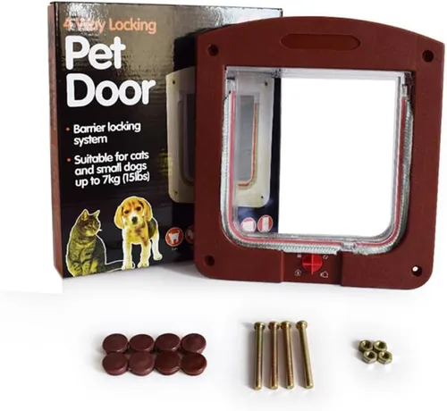Vista 5 de BUYTER Puerta de gato de 4 vías con cerradura, acceso conveniente y seguro para tus mascotas, puerta de plástico controlable para trompeta de Marrón