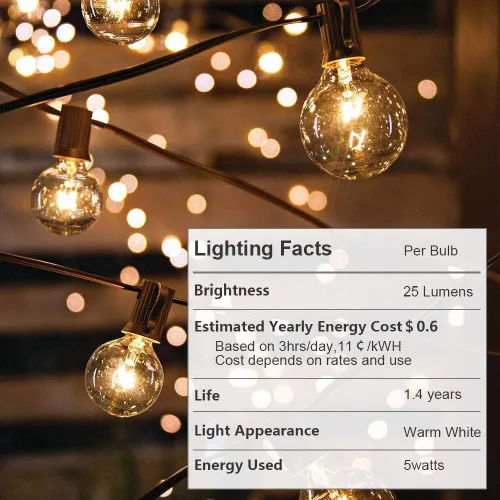 Vista 3 de Guirnalda de luces para exteriores de 25 pies de luces de patio con 27 bombillas G40 (2 de repuesto) luces colgantes conectables para patio, carpas
