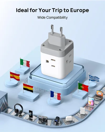 Vista 4 de TROND Adaptador de enchufe de viaje europeo - Convertidor de adaptador de corriente internacional para Europa con 3 tomacorrientes 2 USB, adaptador