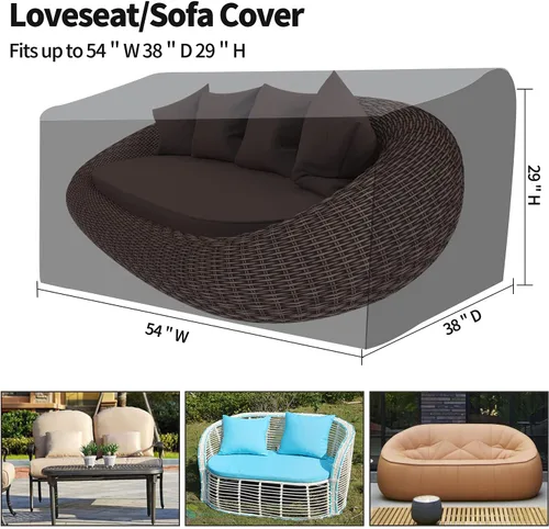Vista 2 de Funda para sofá biplaza para patio, resistente al agua, 600D, con 2 dobladillo con cordón y asas acolchadas reforzadas, color negro