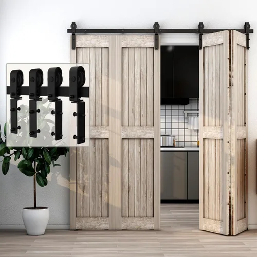 Vista 11 de Kit de herrajes para puerta corrediza de granero plegable de 52 pulgadas/4.3 pies para 4 puertas, herrajes para puerta de granero biplegables, ancho