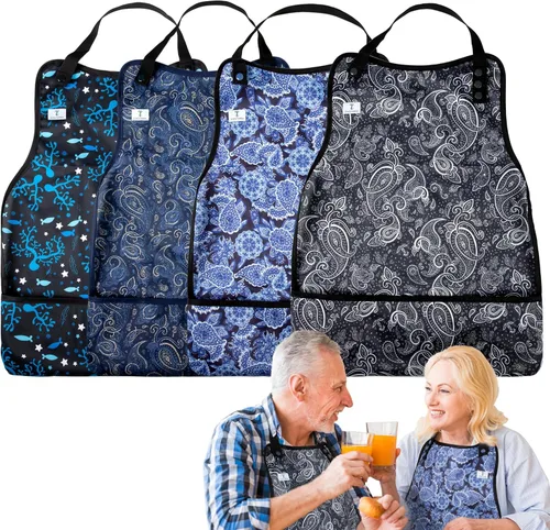 Vista 8 de Paquete de 2 baberos para adultos con recogedor de migas para hombres, baberos ajustables para comer, protectores de ropa impermeables y lavables