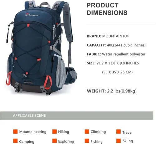 Vista 3 de MOUNTAINTOP Mochila de senderismo, mochila de viaje ligera de 18L/25L/40L con cubierta de lluvia para mochileros al aire libre, camping
