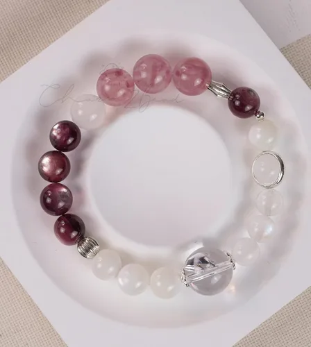 Vista 2 de Pulsera curativa de cristal natural con piedras preciosas, cuarzo rutilado, piedra lunar, cuarzo hecho a mano, pulsera de diseño original