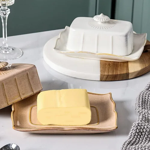 Vista 5 de Mantequillera de porcelana con tapa para encimera, contenedor de mantequilla de granja con mango de lujo, grande para mantequilla de la costa este