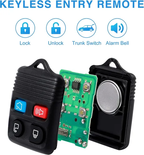 Vista 2 de Llavero de 4 botones con control remoto de entrada sin llave, compatible con Ford Focus Explorer Mercury Lincoln Mazda Tribute, paquete de 2