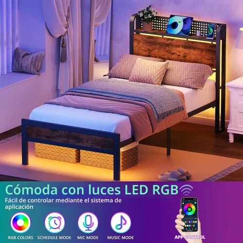 Vista 3 de Furnulem Base de cama tamaño individual con luces LED y estación de carga, base de cama con cabecera de almacenamiento de madera, cama de plataforma