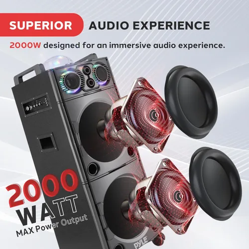 Vista 2 de Pyle - Sistema de altavoces PA portátil con Bluetooth - Sistema de altavoces PA portátil activo de 2000W con Bluetooth para exteriores con entrada