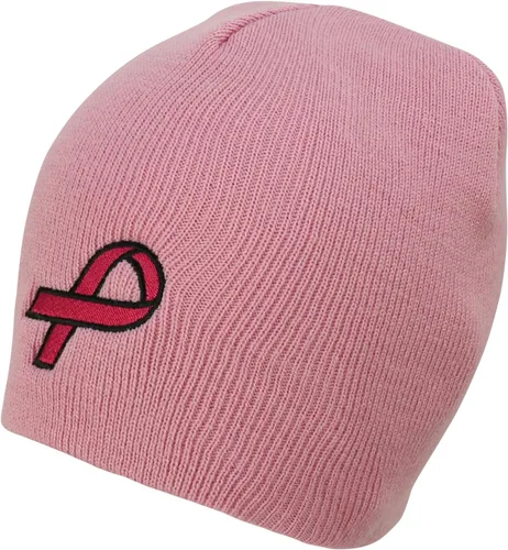 Vista 5 de Trendy Apparel Shop Breast Cancer Awareness Pink Ribbon Embroidered Knit Short Beanie Hat Black