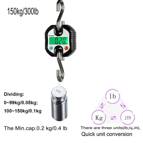 Vista 2 de Báscula colgante digital portátil resistente para grúa, 330.7 lbs, 300 libras, 2 pilas AAA (no incluidas) (negro)