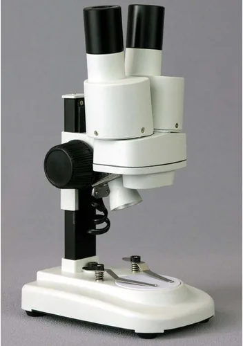 Vista 2 de AmScope Microscopio estéreo binocular portátil SE100 para niños, oculares WF10x, aumento 20X, fuente de luz de tungsteno, placa de escenario