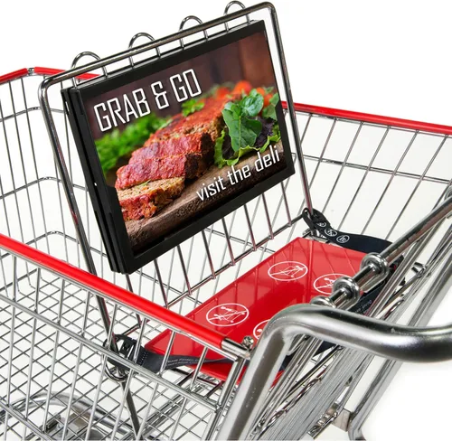 Marco de carrito de compras, soporte de letrero de doble cara, se fija a la parte delantera del carrito de compras o la parte trasera del asiento