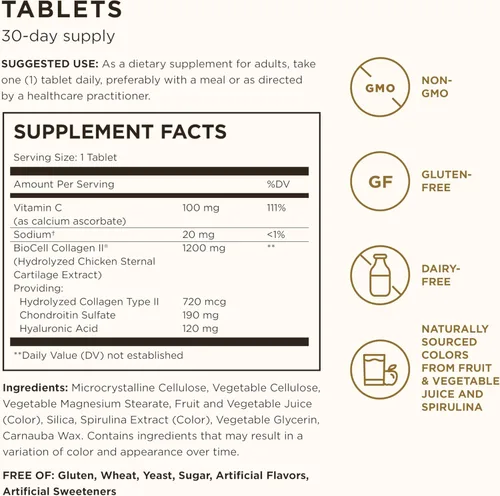Vista 2 de Solgar Complejo de Colágeno y Ácido Hialurónico, 30 Tabletas - Colágeno Hidrolizado Tipo 2 - Ayuda con las líneas finas y arrugas - Aumenta