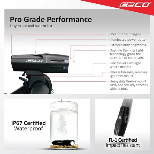Vista 5 de CECO -Estados Unidos: Luz de bicicleta recargable USB de 1.200 lúmenes - Resistente y duradera IP67 impermeable y resistente a los impactos FL-1