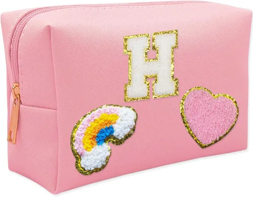 Vista 12 de Bolsa de Maquillaje Preppy, Estuche de Lápices de Cuero PU Premium Impermeable Bolsa de Cosméticos con Sonrisa Corazón Arcoíris Linda Bolsa