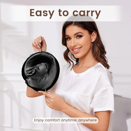 Vista 7 de THXSILK Almohada de cuello 100% seda de morera para viajes y avión, almohada de viaje de espuma viscoelástica para soporte de cuello en coche y Negro