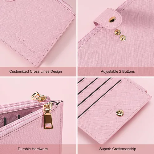 Vista 7 de Travelambo Billetera para mujer con bloqueo RFID plegable para múltiples tarjetas con bolsillo con cremallera, rosado (Pink Sakura), Minimalista