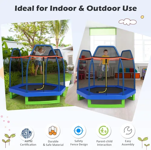 Vista 7 de GYMAX Trampolín para niños, cama elástica de 7 pies con red de seguridad y almohadilla de resorte sin costuras, trampolín pequeño de alta