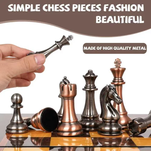 Vista 3 de Juego de ajedrez de metal de lujo con tablero de ajedrez de madera de 15 pulgadas Piezas de ajedrez de metal pesado 2 reinas adicionales Juego