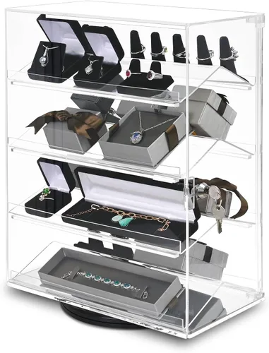 MOOCA Escaparate de gafas acrílicas giratorias de 360 grados con 4 estantes extraíbles y cerradura de llave, vitrina acrílica, ideal para gafas de
