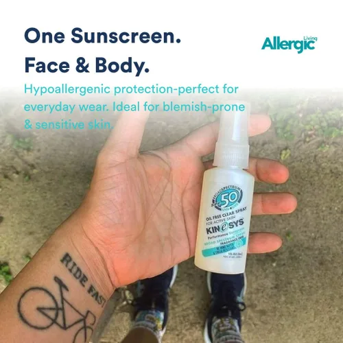 Vista 5 de KINeSYS Protector solar en aerosol transparente sin fragancia para pieles sensibles, SPF 50, hipoalergénico, protección UVA-UVB de amplio espectro