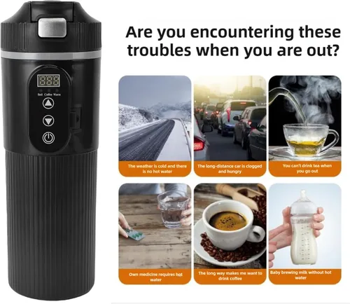 Vista 3 de HEEPDD Caldera de agua portátil de 12 V a 24 V, hervidor eléctrico de viaje de 16.9 fl oz con control de temperatura para preparar café y té