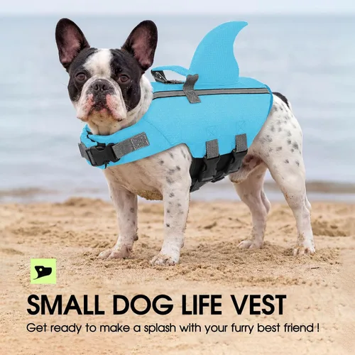 Vista 8 de Chaleco salvavidas para perros de tiburón, chaleco salvavidas ajustable con alta flotabilidad, salvavidas de seguridad con asa de rescate para Azul
