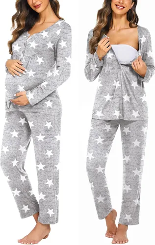 Ekouaer Conjunto de pijama de maternidad para lactancia materna, pijamas de manga larga para lactancia materna, conjunto de ropa de dormir para