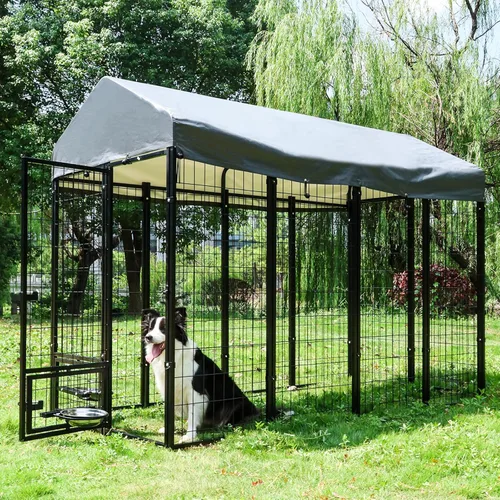 Vista 9 de Perrera para perros al aire libre de 8 x 4 x 6 pies con techo y soportes giratorios para tazones, recinto grande de metal para perros, casa