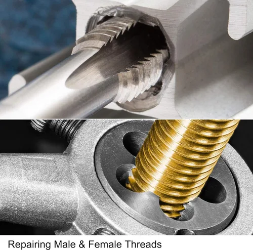Vista 5 de uxcell 3/8 "-32 UNEF Juego de dados y grifos, HSS Macho de rosca de máquina con troquel de roscado redondo, mano derecha