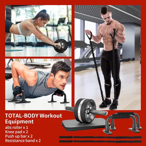 Vista 2 de EnterSports Kit de ruedas para abdominales, rueda de ejercicio para entrenamiento de fuerza abdominal con barras para flexiones, bandas