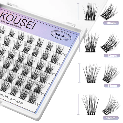 Vista 2 de KOUSEI Extensiones de pestañas postizas individuales, 48 racimos de pestañas rizadas 3D, pestañas postizas de aspecto natural, pestañas postizas
