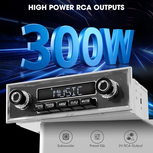 Vista 5 de Radio retro vintage para vehículo clásico – Estéreo de coche Bluetooth de un solo DIN con AM FM USB AUX EQ subwoofer salida RCA